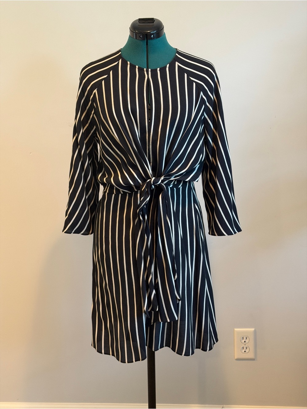 Topshop Black & Cream Vertical Stripe Tie-Waist Dress